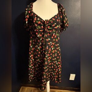 Black Strawberry Print Tie-Front Mini Dress